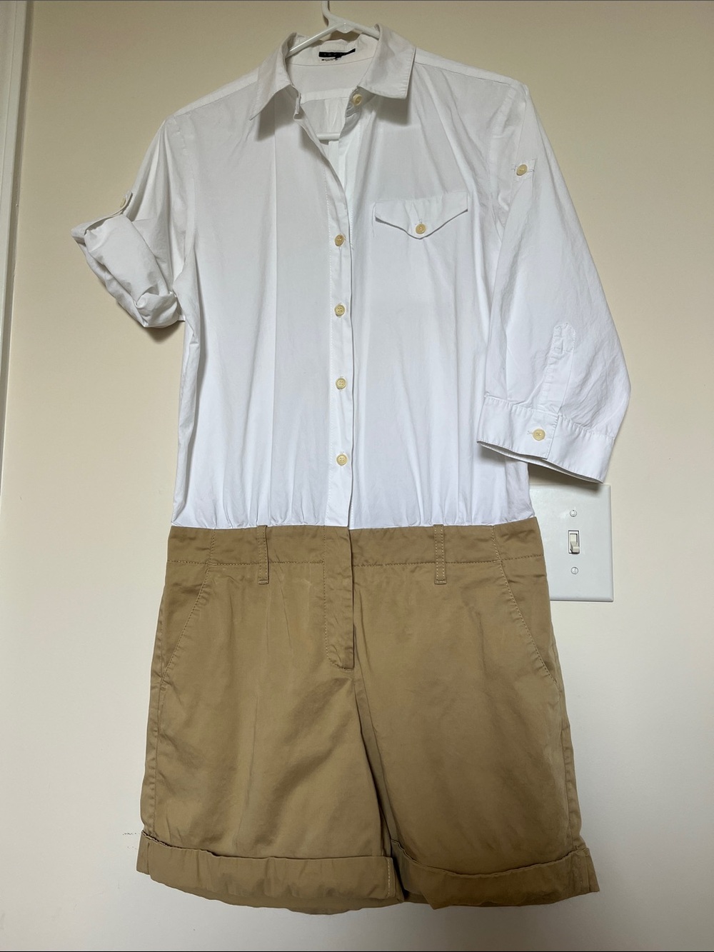 Theory White Button-Front Jumpsuit with Tan Lower